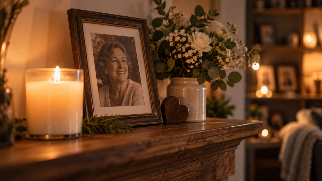 A candle and framed photo honoring a loved one