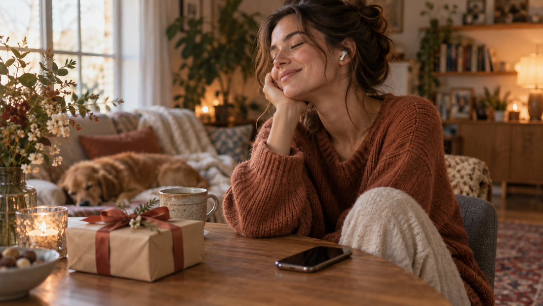 A person listening to a custom song gift at home beside a wrapped present