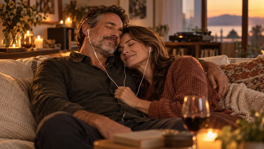 Couple listening together to their custom anniversary song