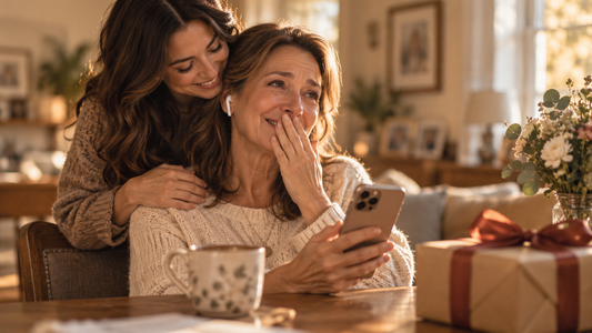 Mother listening to a custom song from her child, moved to happy tears
