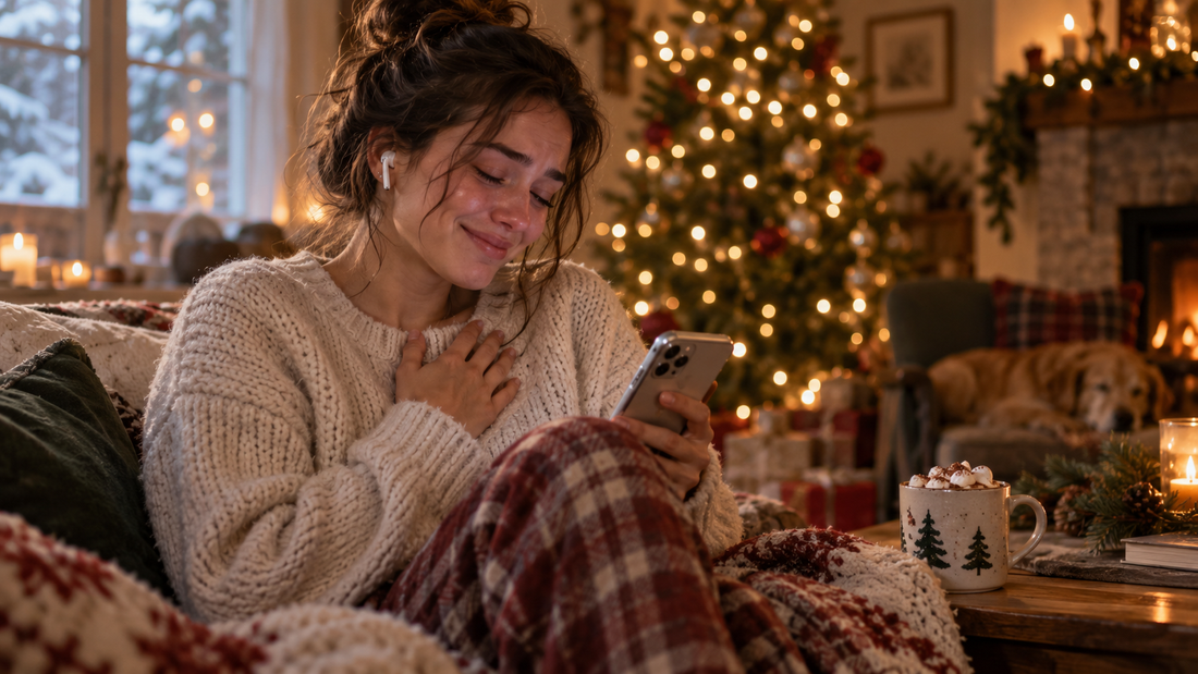 Person listening to a custom Christmas song by the tree